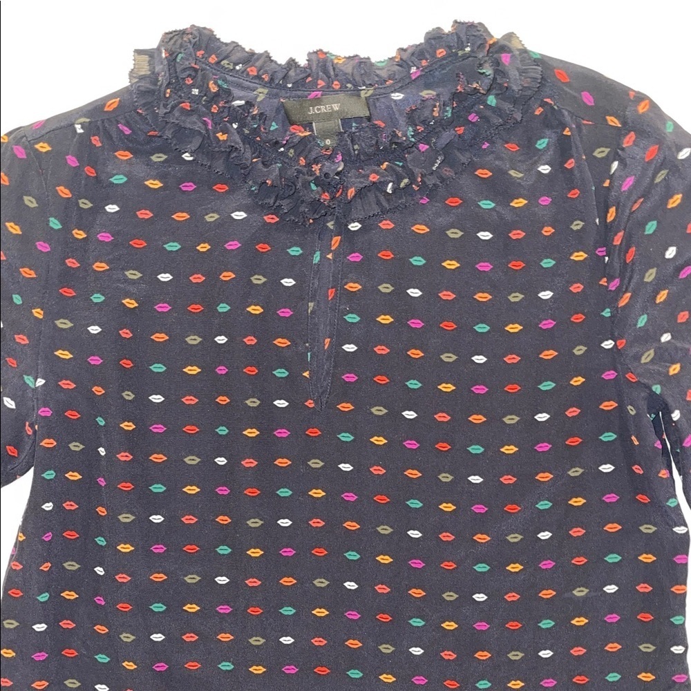 J.Crew 100% Silk Lip Print Ruffle Neck Blouse Navy Size 0